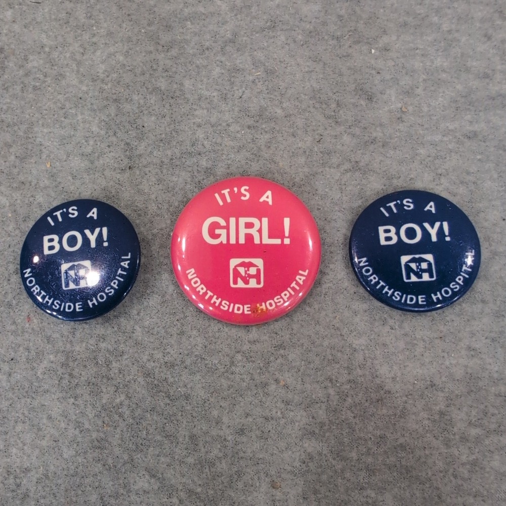 Northside Hospital Vtg Pinback Buttons Set It\'s a Boy It\'s a Girl Pink Blue
